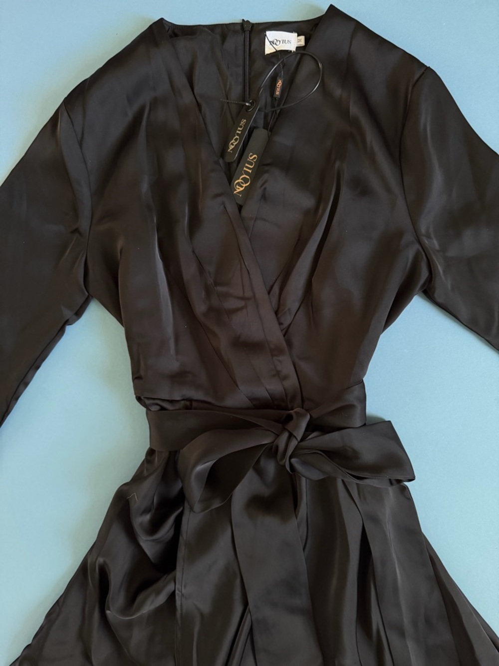 NWT Mooyius Ruffle Draped Satin Black High Low Formal Maxi Dress - Picture 5 of 6